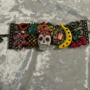 Betsey Johnson Rio Sugar Skull Wide Multi-Charm Bracelet Antique Gold Fruit